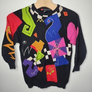 Vintage IB Diffusion Sweater Women's 1X Black Multicolor Art Knit 90s SEE PHOTOS